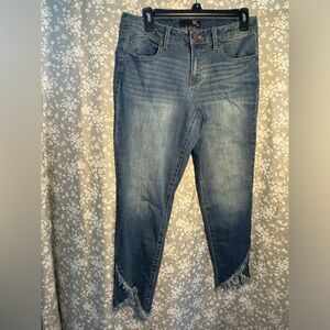 Blue mom fit dark was jeans fringe at the bottom